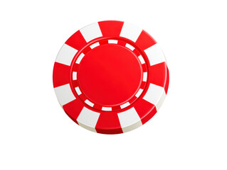 Red casino chip, round plastic token with white accents, isolated on transparency background, used for gambling, poker, or gaming, symbolizing luck and excitement