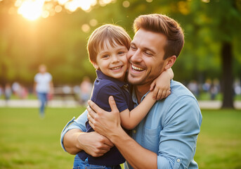 smiling father hugging his son warm sunlight happy family connection togetherness concept