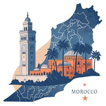 Illustrated map of Morocco featuring famous landmarks and palm trees  