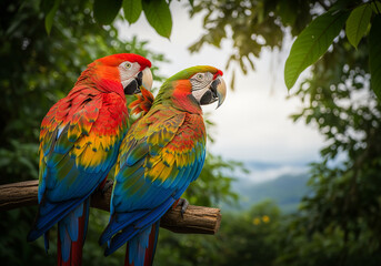 Obraz premium Two hybrid parrots perched on jungle branch tropical foliage background Ara macao x Ara ambigua