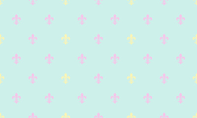 Pastel pink and yellow fleurdelis repeat pattern on a light teal background. Perfect for wedding invitations, feminine branding, or whimsical designs needing a touch of elegance and charm.