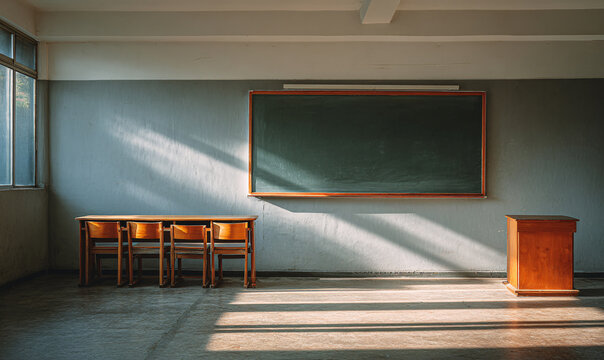 Empty classroom with blackboard, wooden desks, and sunlight streaming through a window