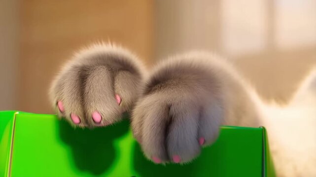Cute kitten paw reaching out from a green box in a cozy home setting
