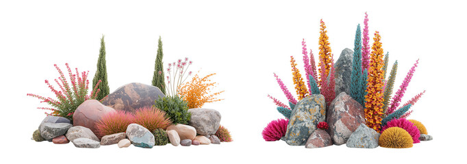 A beautiful composition of decorative stones and flowering shrubs isolated on a transparent background