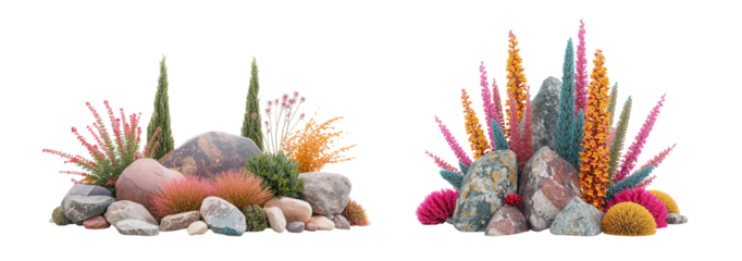 A beautiful composition of decorative stones and flowering shrubs isolated on a transparent background