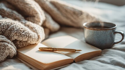 Blank journal with fountain pen and morning tea on cozy blanket