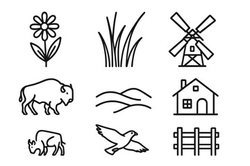 Fototapeta premium Prairie Line Icons. Line style icons of Flowering Prairie: Blooming Wildflower, Tall Grass, Windmill, Farmhouse, Bison, Rolling