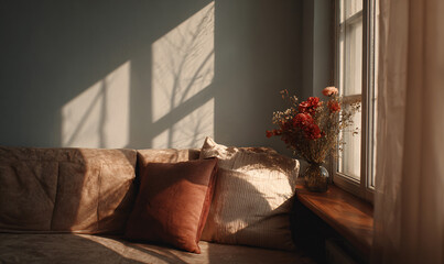 Sofa receiving warm sunlight and natural shadows creating cozy home atmosphere
