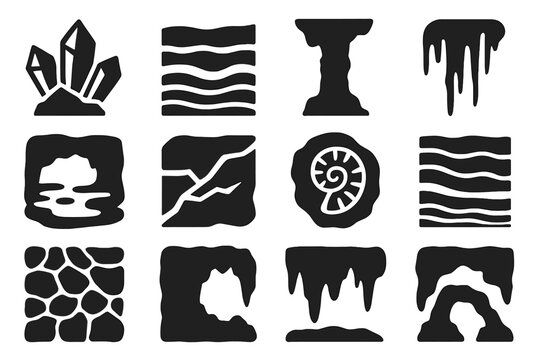 Geological Formation Icons. Solid style icons of Geological formations: crystal cluster, limestone layer, cave column, flowstone,