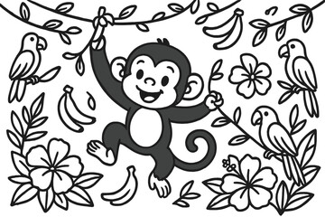 Fototapeta premium Monkey Jungle Fun. Curious monkey swinging from vines with bananas, parrots, and tropical flowers all around, black and white line