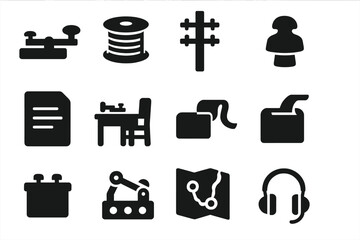 Telegraph Era Icons. Solid style icons of Telegraph Era: Clicker, Wire Spool, Wooden Pole, Insulator, Message Slip, Operator Desk,