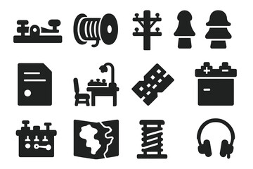 Telegraph Era Icons. Solid style icons of Telegraph Era: Clicker, Wire Spool, Wooden Pole, Insulator, Message Slip, Operator Desk,