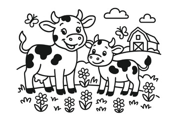 Cow and Calf Meadow. Cheerful cow with her calf standing in a meadow with flowers, butterflies, and a barn in the distance, black