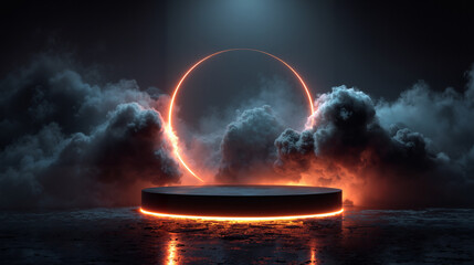 Futuristic glowing ring and circular platform in dramatic cloudy atmosphere, surreal sci-fi background