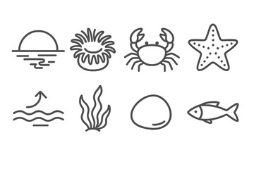 Obraz premium Sunset Tide Icons. Line style icons of Sunset Tide Pool: Golden Reflection, Anemone, Crab, Starfish, Retreating Tide, Seaweed,