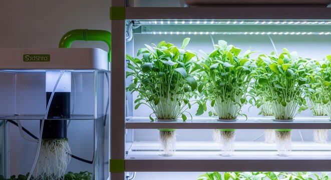 Indoor Hydroponic Farming System Displaying Freshly Grown Greens in Controlled Environment