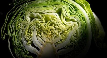 Fototapeta premium Intimate Green Cabbage Cross Section Revealing Complex Textures and Organic Forms