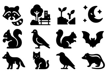 Urban Wildlife Icons. Solid style icons of Urban Wildlife: Raccoon, City Park, Adaptation, Nocturnal, Squirrel, Pigeon, Skunk, Bat