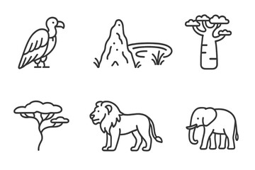 Fototapeta premium Savanna Line Icons. Line style icons of Savanna: Vulture, Termite Mound, Watering Hole, Baobab Tree, Acacia Tree, Lion, Elephant,