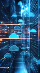 A computer server room with a blue background and a row of clouds