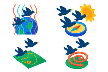 Fototapeta premium Vibrant Navigation Icons. Isometric vector illustration set Migratory Group Navigation: Magnetic field line, solar compass overlay