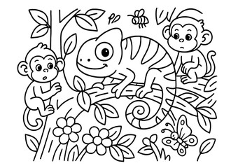 Fototapeta premium Chameleon and Curious Monkeys. Smiling chameleon blending on a tree with insects, flowers, and curious monkeys watching, black and