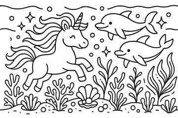 Underwater Unicorn Adventure. Magical underwater unicorn swimming among corals with dolphins, pearls, and glowing plants, black