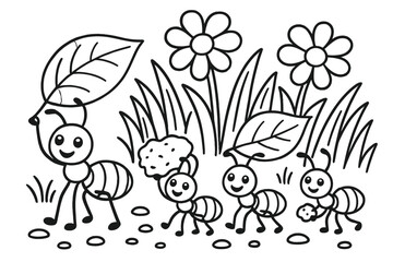 Fototapeta premium Joyful Ant Family. Joyful ant family carrying leaves and crumbs while smiling under flowers and grass, black and white line art,