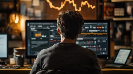 A man is sitting in front of a computer monitor