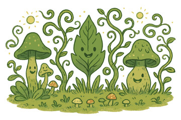 Enchanted Forest Whimsy. Magical doodle mystical forest with smiling psychoactive plants, cartoon vines twirling joyfully, tiny