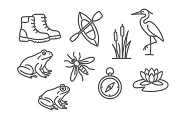 Naklejka premium Adventure Marsh Icons. Line style icons of Adventure Marsh: Hiking Boots, Canoe, Reeds, Heron, Frog, Mosquito, Compass, Water Lily