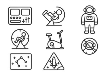 Fototapeta premium Astronaut Training Icons. Line style icons of Astronaut Training: Control Panel, Zero-G Simulator, Spacesuit, Centrifuge, Exercise