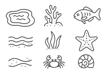 Naklejka premium Lagoon Reef Icons. Line style icons of Lagoon Reef: Lagoon Water, Coral Cluster, Parrotfish, Starfish, Sandy Bottom, Seaweed,