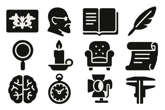 Vintage Psychology Tools. Solid style icons of Vintage psychology tools: inkblot card, Freud silhouette, journal notebook, quill