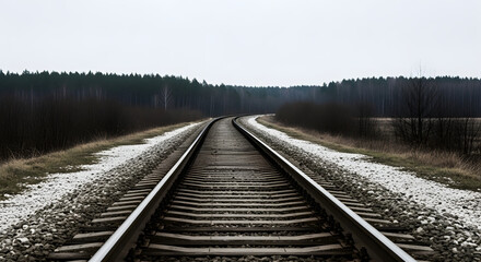 Obraz premium Train tracks curving through a rural landscape in winter 