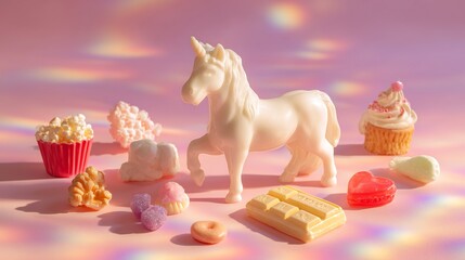 Magical unicorn surrounded by sweet treats and candy on a vibrant pink backdrop