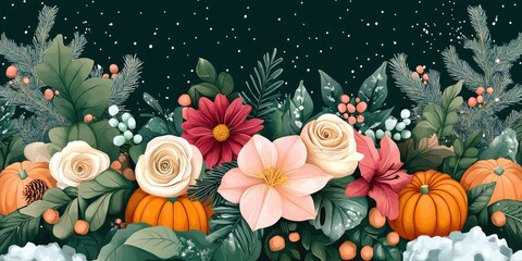 Naklejka premium A colorful bouquet of flowers and pumpkins