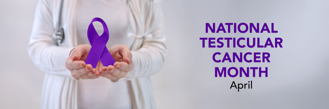 Doctors Hands Presenting Purple Awareness Ribbon - Testicular Cancer Awareness Concept