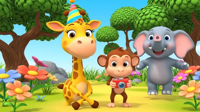 Cartoon animals giraffe monkey and elephant playing in park with flowers and trees