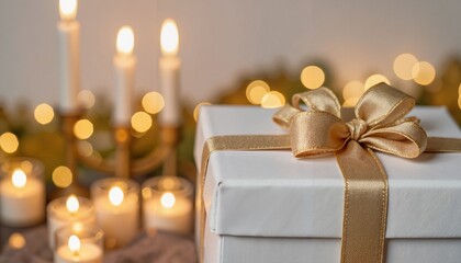 White gift box with gold ribbon on festive table with candles  