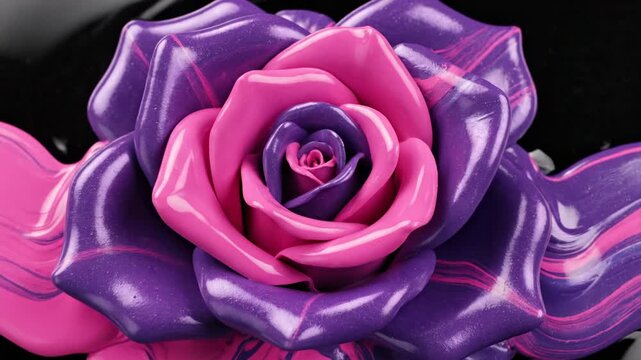 Pink and purple rose formed from two flowing fluids or watercolor streams on black background, motion graphics, special effects video