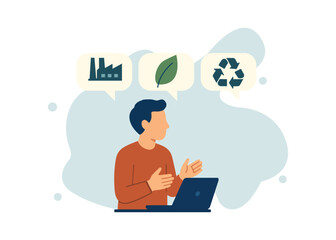 Person thoughtfully considers industry, nature, and recycling while working on laptop, symbolizing eco-conscious business planning and sustainability