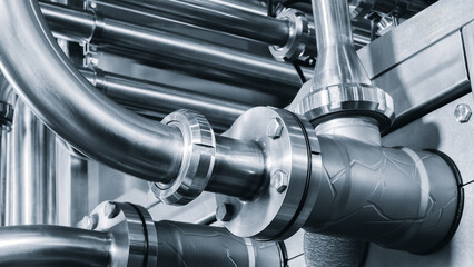 Food production machine with stainless steel pipes, cooling radiator as separator and tanks, valves...