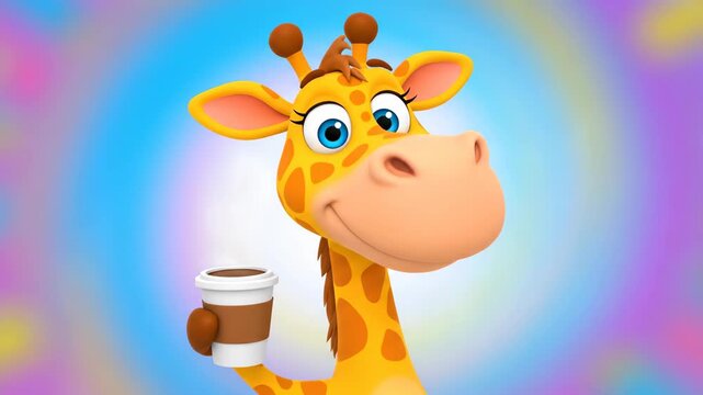 Cartoon giraffe character smiling with beverage cup colorful abstract background