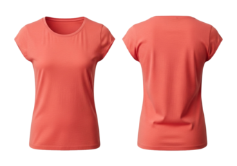 Vibrant coral women's short-sleeve t-shirt, front and back views, perfect for activewear, casual fashion, and athletic apparel mockups, isolated on white
