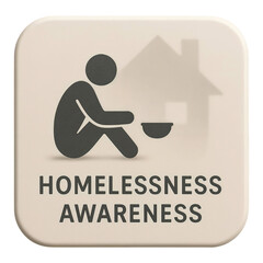 A beige square icon shows a dark seated person reaching toward a small bowl, a faint house outline sits behind, bold Homelessness Awareness text anchors a clean vector style