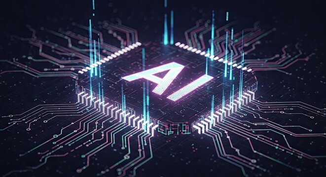 glowing AI circuit board icon formed from glitch lines and distortion, neon data flow pattern, futuristic holographic look
