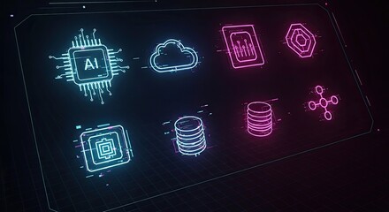 glowing AI circuit board icon formed from glitch lines and distortion, neon data flow pattern, futuristic holographic look