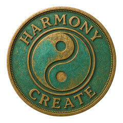 A circular coin shows a central yin yang in aged gold on turquoise patina, with rim text reading HARMONY and CREATE, dotted beading, and concentric rings on black.