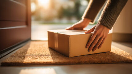 Hands placing cardboard package on doorstep in warm morning light